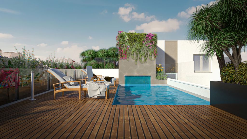 Terraza con piscina de la promoción de obra nueva en el centro de Sevilla